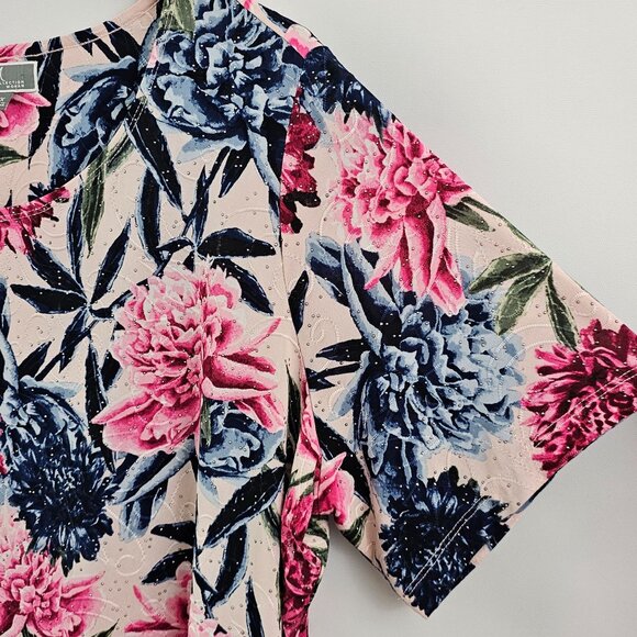 JM Collection Floral Top Woman 2X Short Sleeve Pink Blue Stretch Embellished - Picture 4 of 11